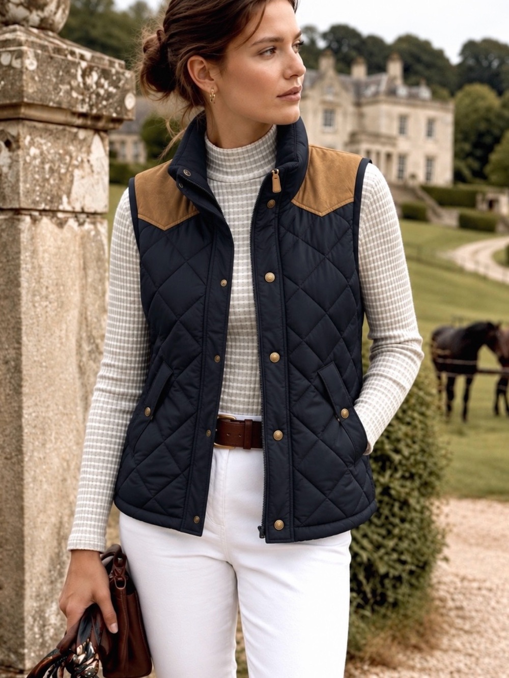 H&M Y2K EQUESTRIAN QUILTED WOMEN VEST S/M FAUX NAVY SUEDE SNAP BUTTONS FULL ZIP